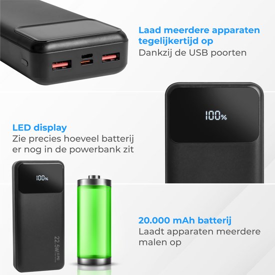 Nuvance - Powerbank 20000 mAh - Fonction de charge rapide 22,5W - USB, USB-C & Micro USB - Universel pour Smartphones, Tablettes & Gadgets - Travel Powerbanks - Noir