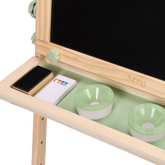 Sunny Mika Activités – Petit âne en bois pour enfants – Âne ludique avec tableau blanc, tableau à craie, tableau magnétique et tableau à picots – Comprend un rouleau de papier, des aimants, des craies, une gomme, des accessoires pour le tableau à picots e