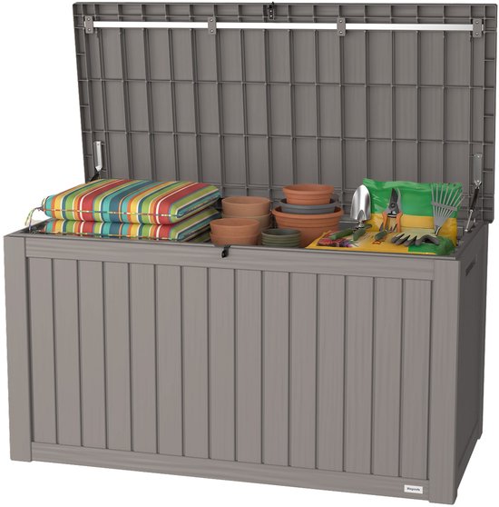 LifeGoods Boîte de rangement - 570L - Boîte à coussins - Imperméable - Boîte à coussins de jardin - Inox - Boîte de jardin - 137.5x66.5x72.8 cm - Gris