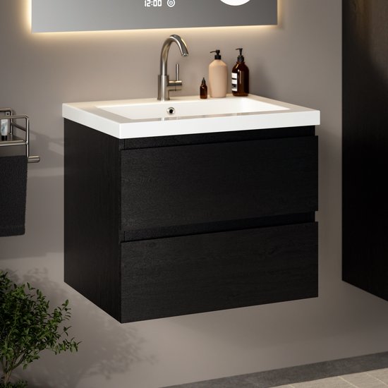 Meuble de salle de bains Mirlux en chêne noir 60 cm - Lavabo blanc - Ensemble de meubles de salle de bains - Meuble-lavabo en chêne noir