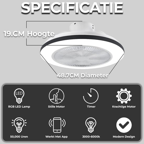 WERYOU® illuminAIR Ventilateur de plafond - Plafonnier - Ventilateur de plafond avec éclairage - Plafonnier - Lampe ventilateur - Tuya Wifi Smart - Lampe Led RGB - Plafonnier - Télécommande incluse - Dimmable - ⌀56CM