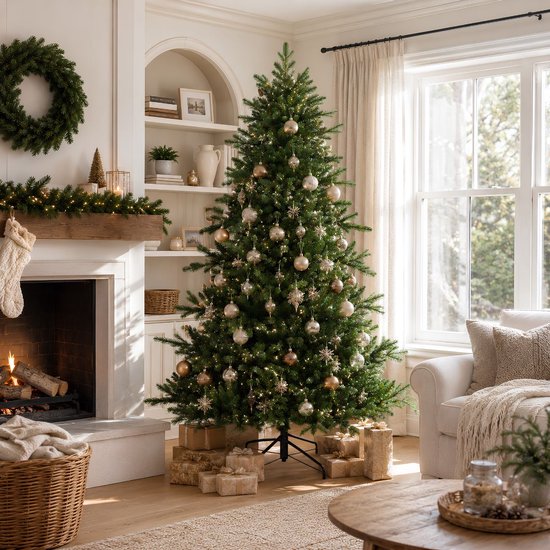 Black Box Trees Brampton Boom - Sapin de Noël à la forme naturelle - Décoration de Noël pour le salon et le bureau - Sapin artificiel avec des aiguilles en PE - Hauteur 230 x diamètre 147 cm - Vert