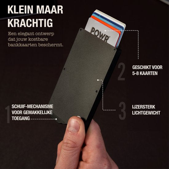Porte-cartes POWR extensible noir - Étui de protection pour cartes bancaires pour hommes avec protection antivol - Technologie RFID - 5 cartes bancaires et jusqu'à 8 cartes de visite - Porte-cartes en aluminium pour hommes - Anti-skimming