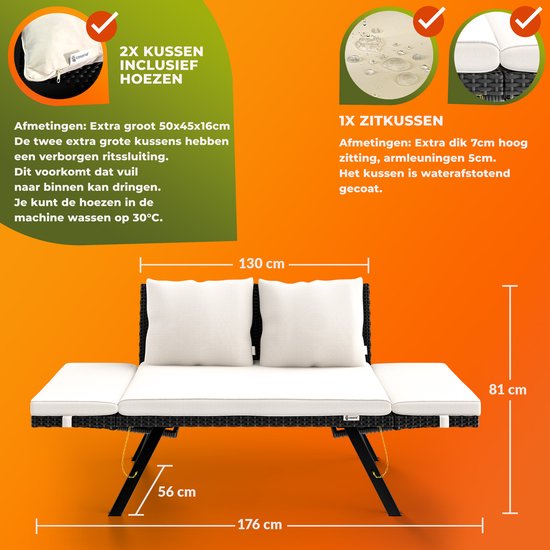 Banc de jardin Casaria Polyrattan - 176 cm réglable avec coussins - Noir