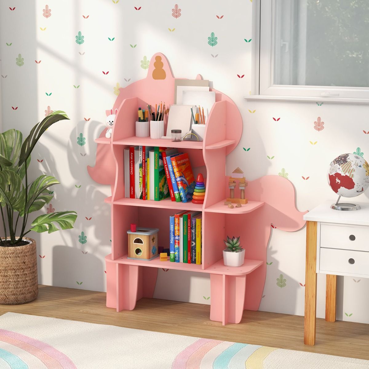 Coast Children's Rack - 123×31×130 cm - Rack à jouets en bois avec 3 étagères ouvertes - Rose