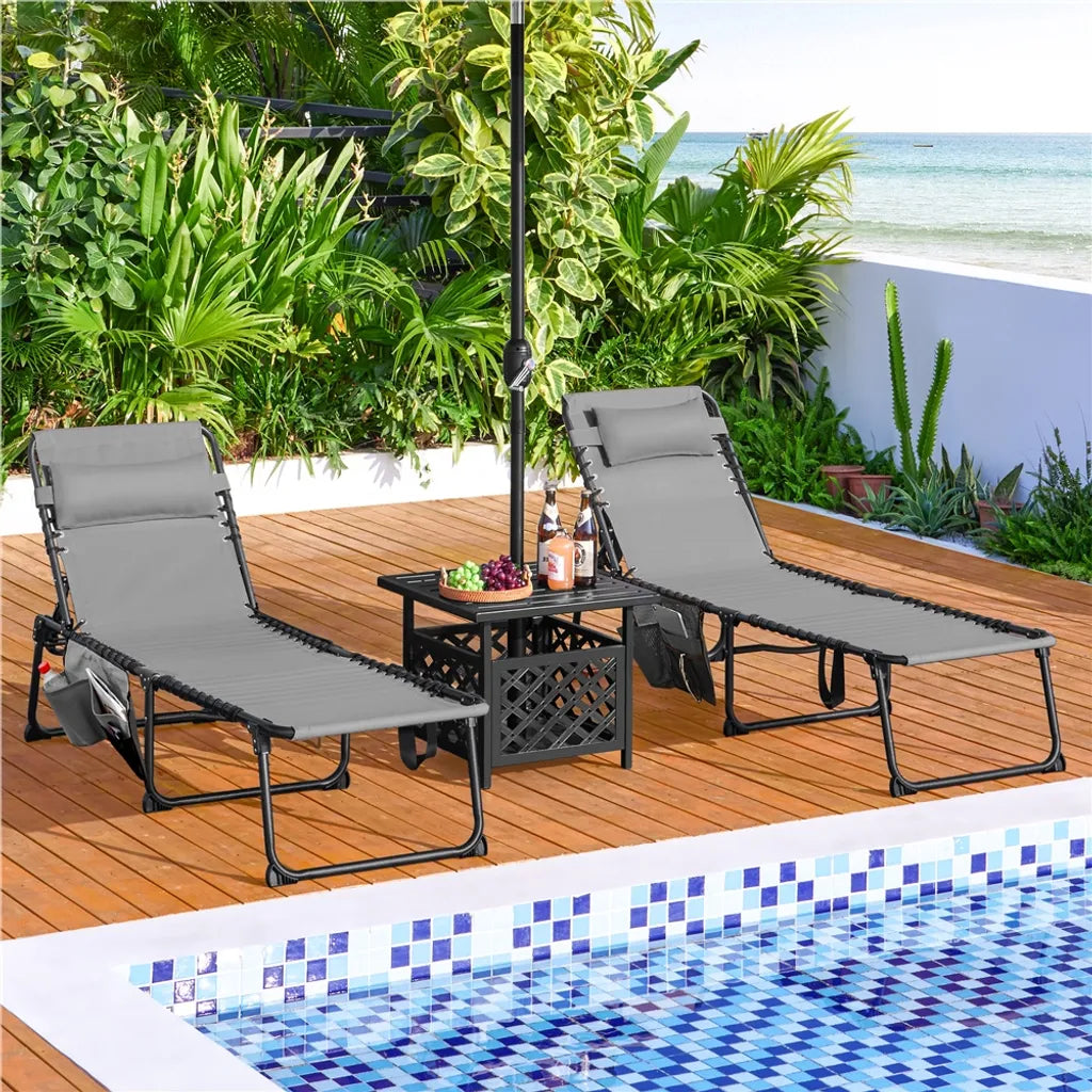 Chaise longue pliable Yaheetech 189 cm - Grise - Chaise longue de plage réglable avec oreiller et compartiment de rangement