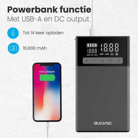 Auronic Jumpstarter - avec compresseur - 12V - 1500A - 16,000 mAh - Aide au démarrage 6-en-1 - Sac de rangement et accessoires inclus - Noir/Gris