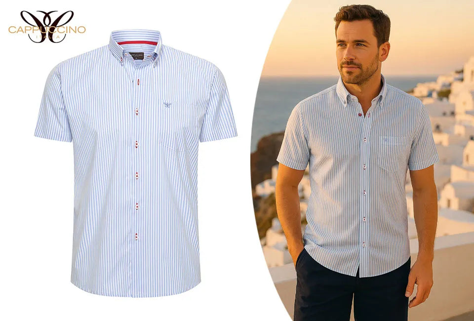 Chemise à manches courtes pour homme Cappuccino Airy, blanche à rayures bleu clair - Taille S