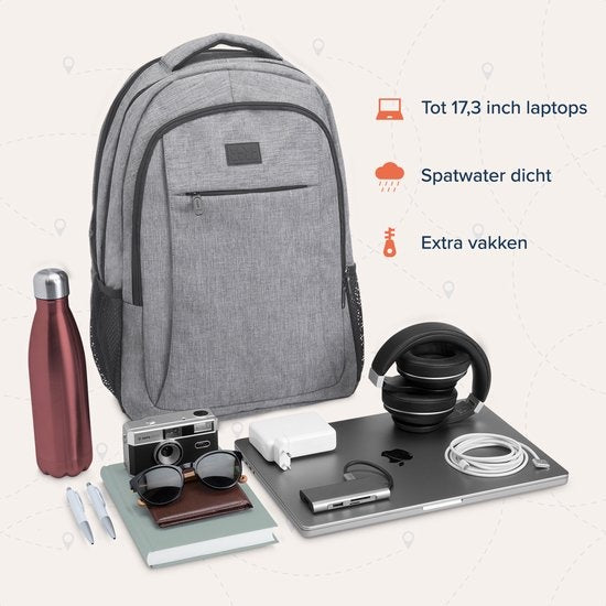 TRVLMORE Sac à dos - 36L - 17.3 inch - Sac à dos pour ordinateur portable - Sac d'école - Unisexe - Gris anti-éclaboussures