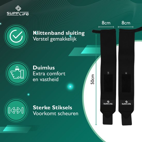Supplife : bandes de poignet pour le fitness et le CrossFit - Lot de 2 - Bandes de poignet – Musculation – Attelle de poignet – Noir
