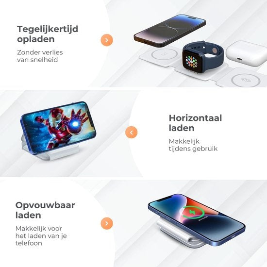 Wurk - Chargeur sans fil 3-en-1 - Comprend un adaptateur de charge rapide - Pliable - Convient à iPhone et Android - 15W