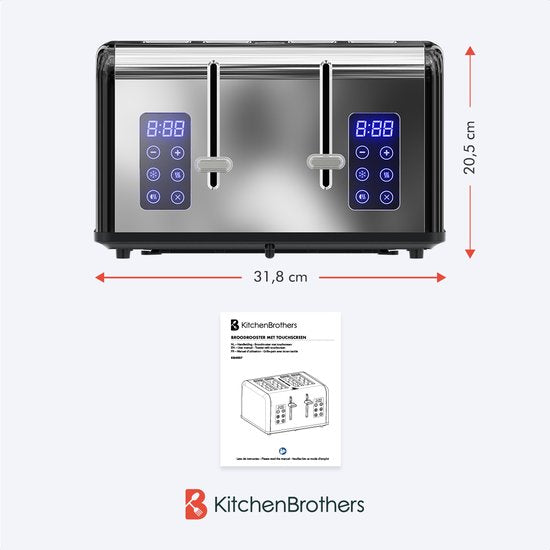 KitchenBrothers Toaster - Grille-pain - 6 niveaux de chaleur - 4 fentes extra-larges - écran tactile - 1630W - acier inoxydable/noir