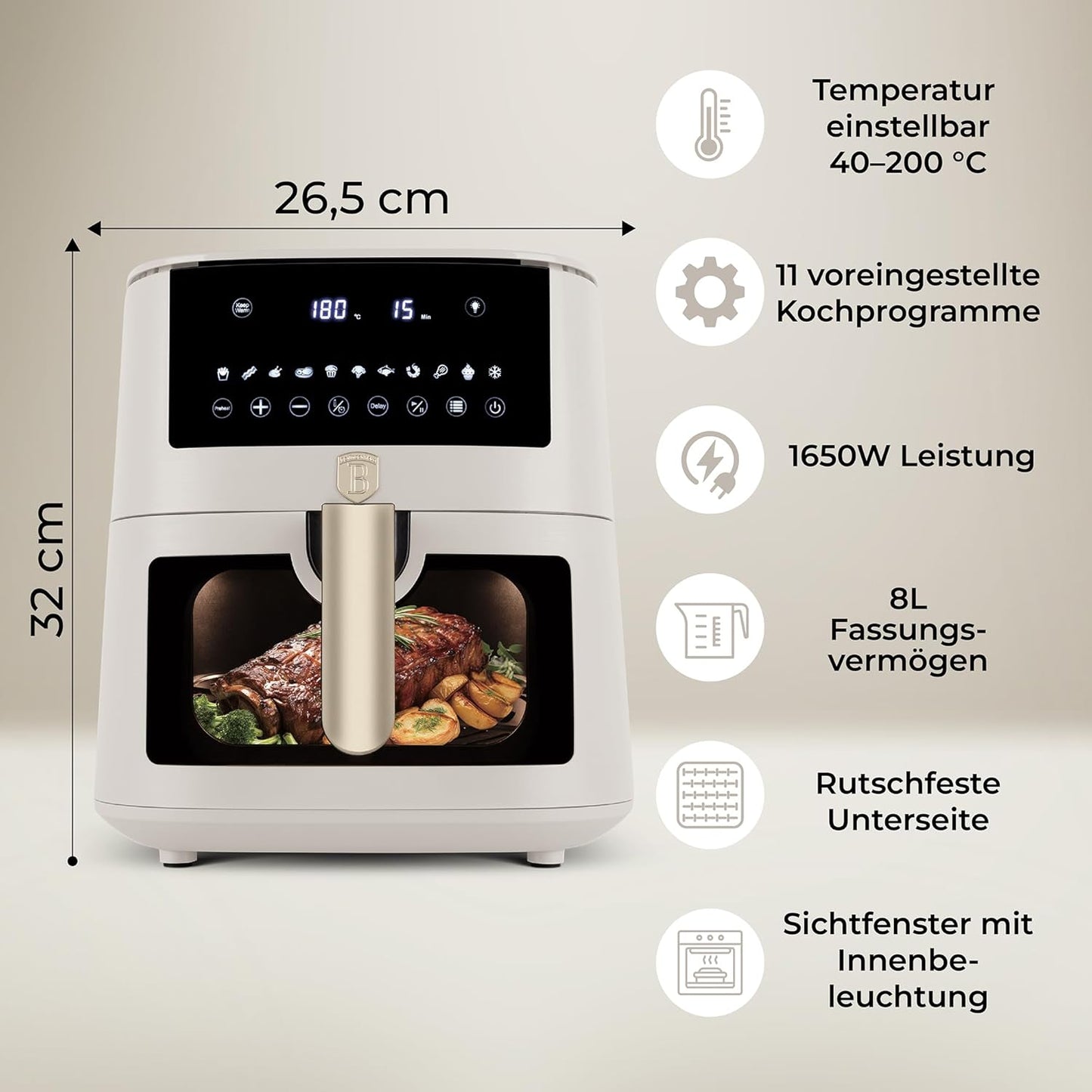 Friteuse à air chaud Berlinger Haus 8 litres - Crème mat - Écran tactile numérique - 1 650 W - 33 x 36,5 x 36,5 cm