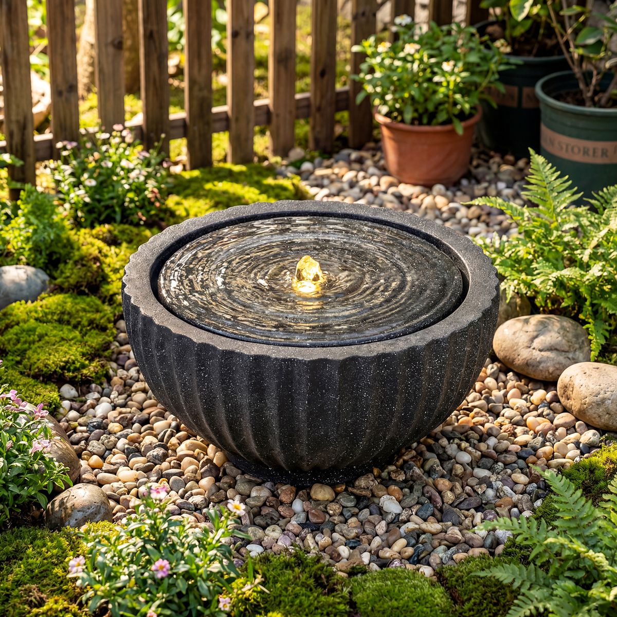 Fontaine de jardin ronde Coast - avec éclairage LED - aspect pierre - 45 x 45 x 23,5 cm - noir