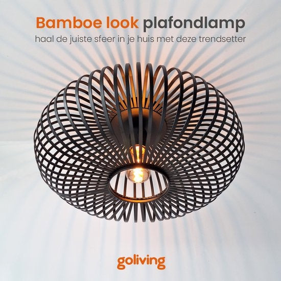 Plafonnier Goliving - Suspension Lustre - Lampe Plafond- E27 - Métal - Aspect bambou - Ø 40 cm - Noir