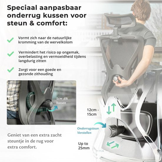 Backerz - Chaise de bureau ergonomique - hauteur d'assise 44-56 cm et certifiée EN1335 - équipée d'accoudoirs 3D et d'un support lombaire réglable - pour le bureau et les jeux - polypropylène et maille blanche/grise