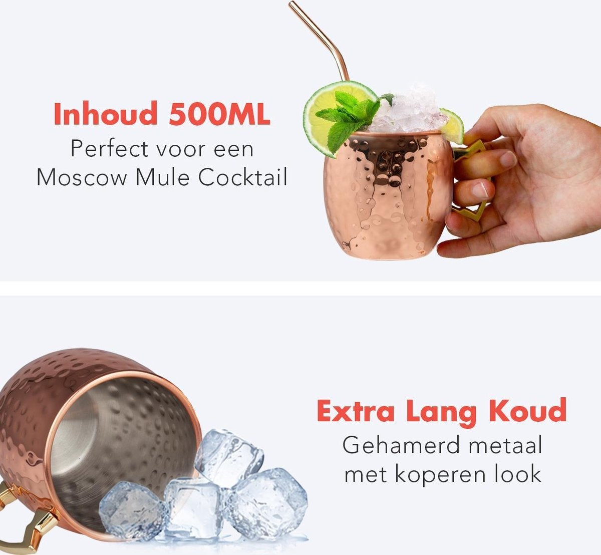KitchenBrothers Moscow Mule Cups - Verres à cocktail avec pailles - 4 pièces - cuivré - 500ML