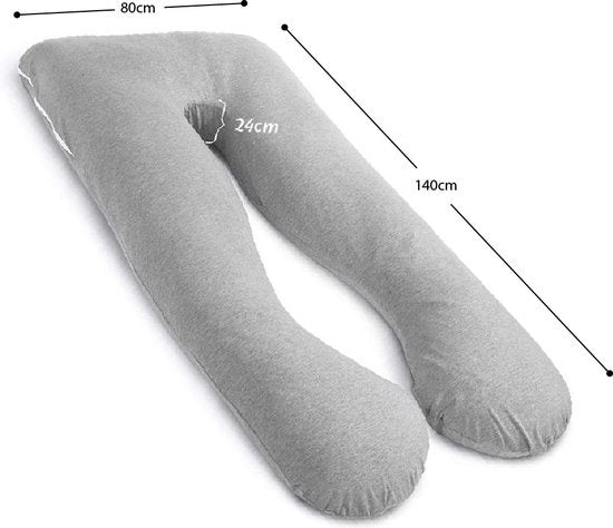 Ella® Maternity Pillow XXL U-Shape - Coussin d'allaitement - Coussin de sommeil en soie - Coussin de corps - Enveloppe amovible en jersey de coton - 140x80cm - Gris clair