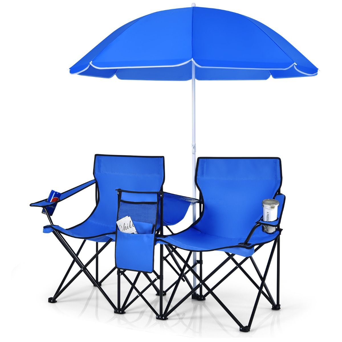 Chaise de camping double pliable Coast, avec parasol, porte-gobelet et sac isotherme, bleu