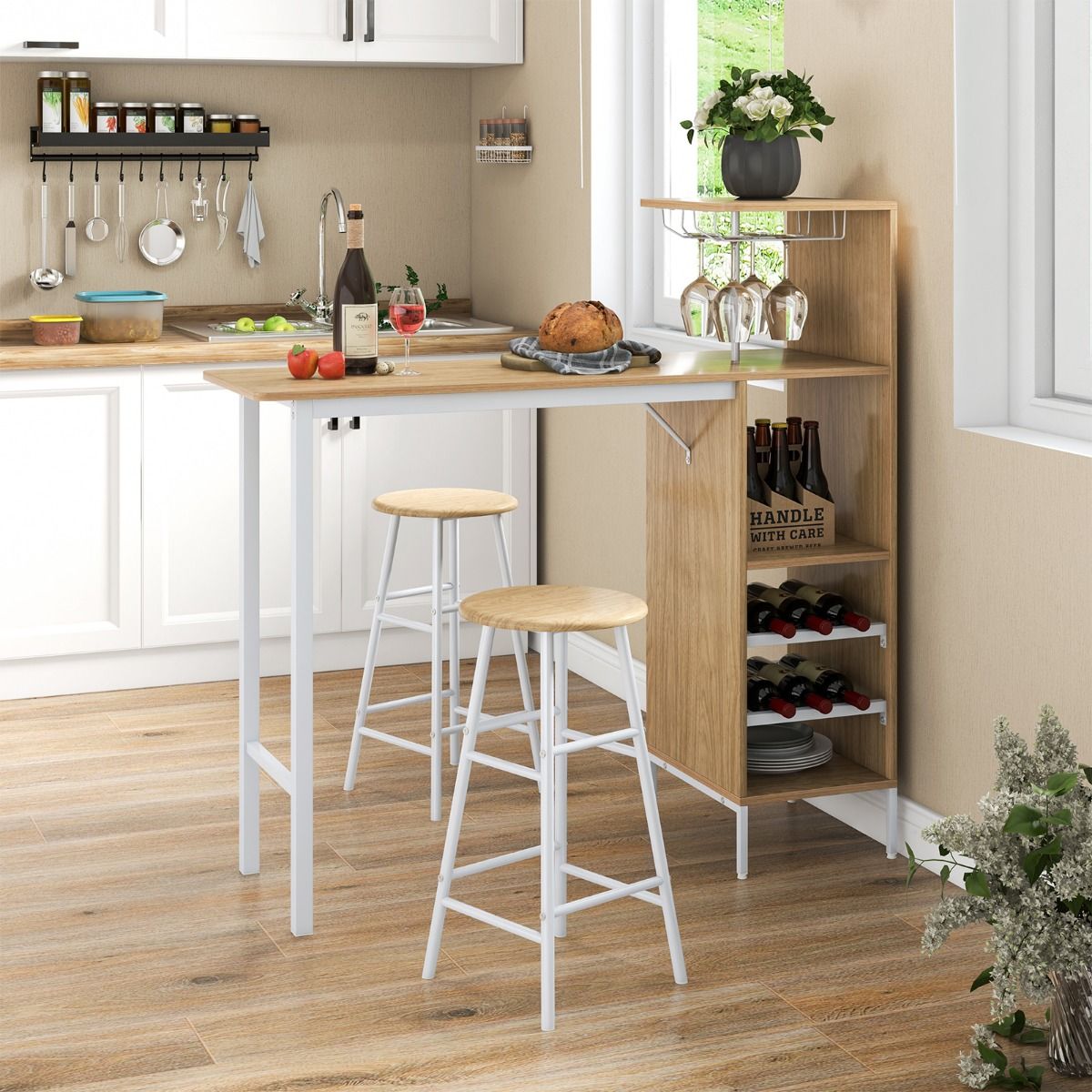 Table haute Coast avec 2 tabourets - Casier à vin pour 6 bouteilles - Table de bistrot pour le salon et la cuisine - 120 x 40 x 121,5 cm - Naturel