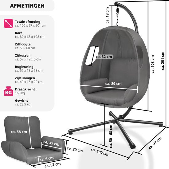 tectake® Chaise suspendue avec cadre - Chaise à bascule avec coussin + coussin de dossier - Meuble de salon ou de chambre - Meuble de balcon - Intérieur ou extérieur - Jusqu'à 160kg - Anthracite