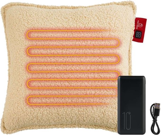 Feel Home - Oreiller chauffant - Teddy - Blanc cassé 45x45cm - avec banque d'alimentation 10000mAh