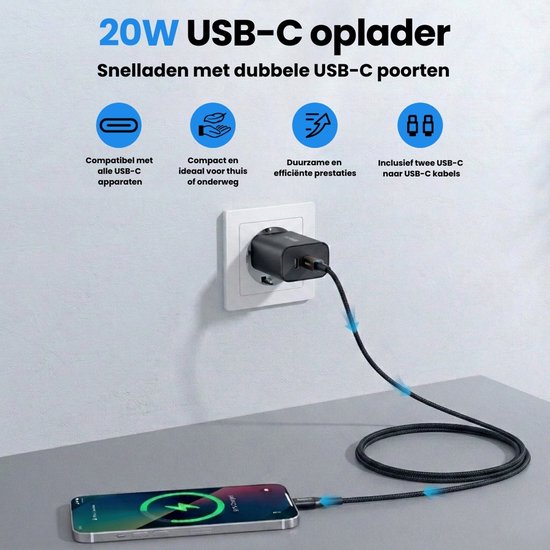 Faas USB C Charger - Chargeur rapide - 40W - 2x 20W Port - 2 câbles - 1.5 mètres - USB C Cable - USB C to USB C - Black