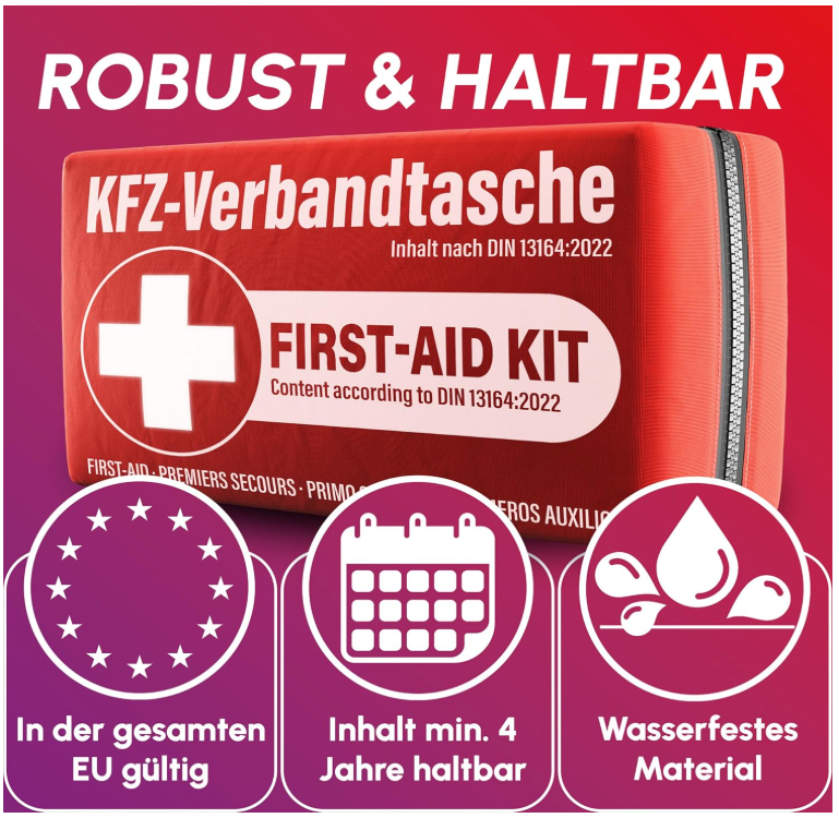 HELDENWERK - Boîte de secours & trousse de secours Car - Norme DIN 13164:2022 - Nylon rouge déperlant - Comprend des lingettes et des masques respiratoires - Pour voiture et moto - Compact et sûr
