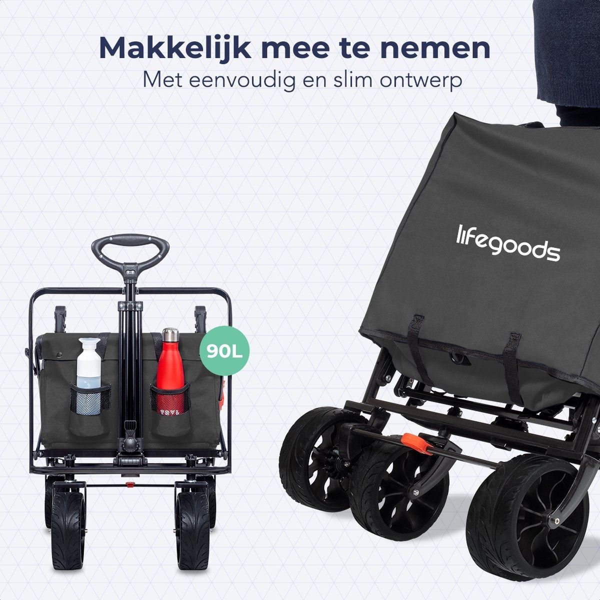LifeGoods Wagon - Pliable - Jusqu'à 120KG - 90L - Polyester lavable - 120x80cm - Gris