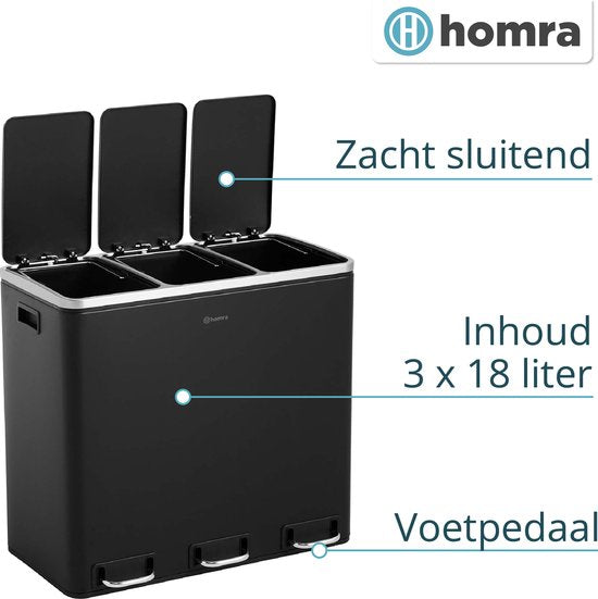 Poubelle de tri sélectif - Homra SPARQ - 3 x 18 L de capacité - 54 L - Blanc - acier inoxydable