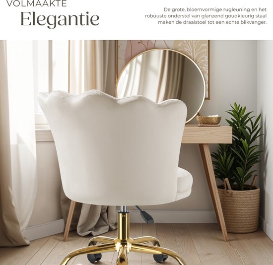 tectake® Chaise de bureau - Chaise pivotante réglable en hauteur avec revêtement en velours - Coque ergonomique - Chaise à roulettes - Chaise de salle à manger sur roulettes - Pivotant à 360° - Chaise de bureau - Blanc