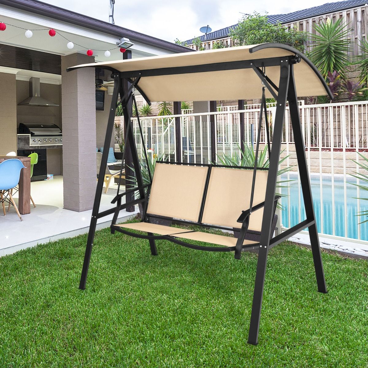 Balançoire de jardin Coast avec auvent - 2 places - Structure métallique - 152 x 112 x 165 cm - Beige