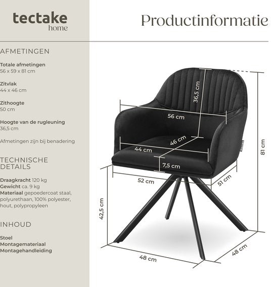 tectake® Chaise pivotante en velours - Chaise de bureau - Chaise de salle à manger avec accoudoirs - Chaise de bureau en velours, chaise de cuisine, chaise de salon - 56 x 59 x 81 cm - Noir/noir
