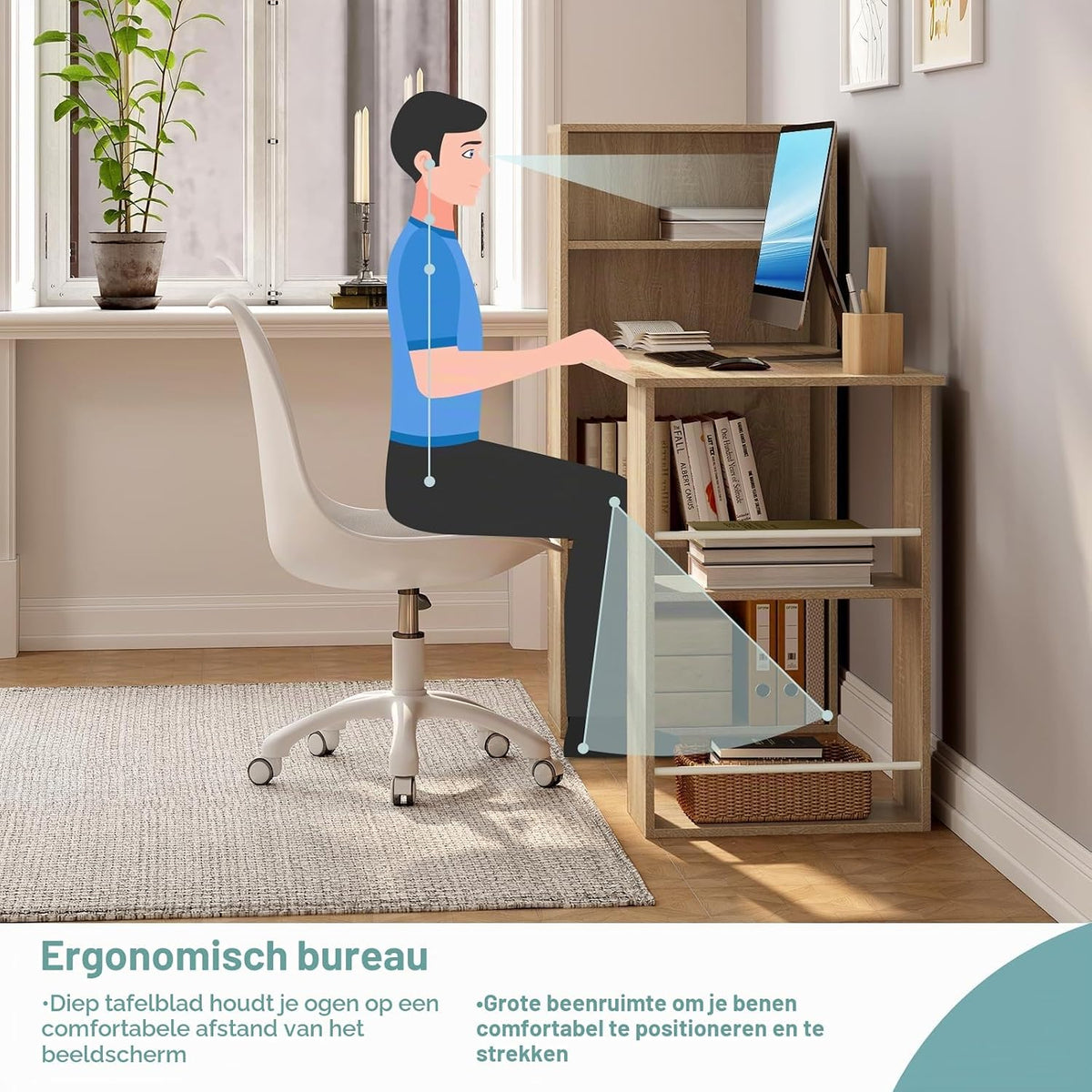 Bureau eSituro avec bibliothèque et étagères 122 x 55 x 120 cm - Bois clair - Peu encombrant