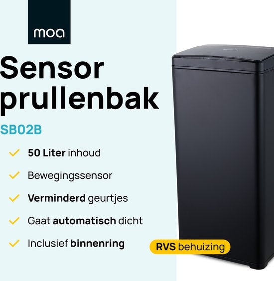 Poubelle avec capteur - MOA - 50 litres - Acier inoxydable et ABS durable - Silencieux -  Noir
