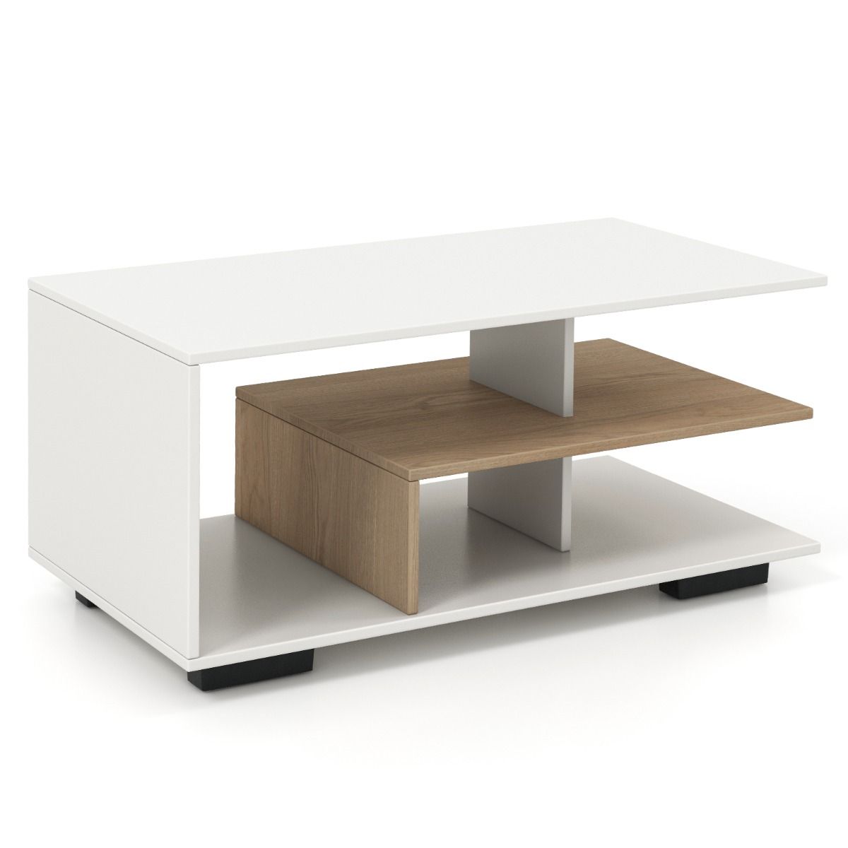 Coast - Table basse de rangement - Rectangulaire, Géométrique, 3 niveaux, Max. 50 kg - 90 x 50 x 42 cm - Bois stratifié - Naturel/Blanc rustique