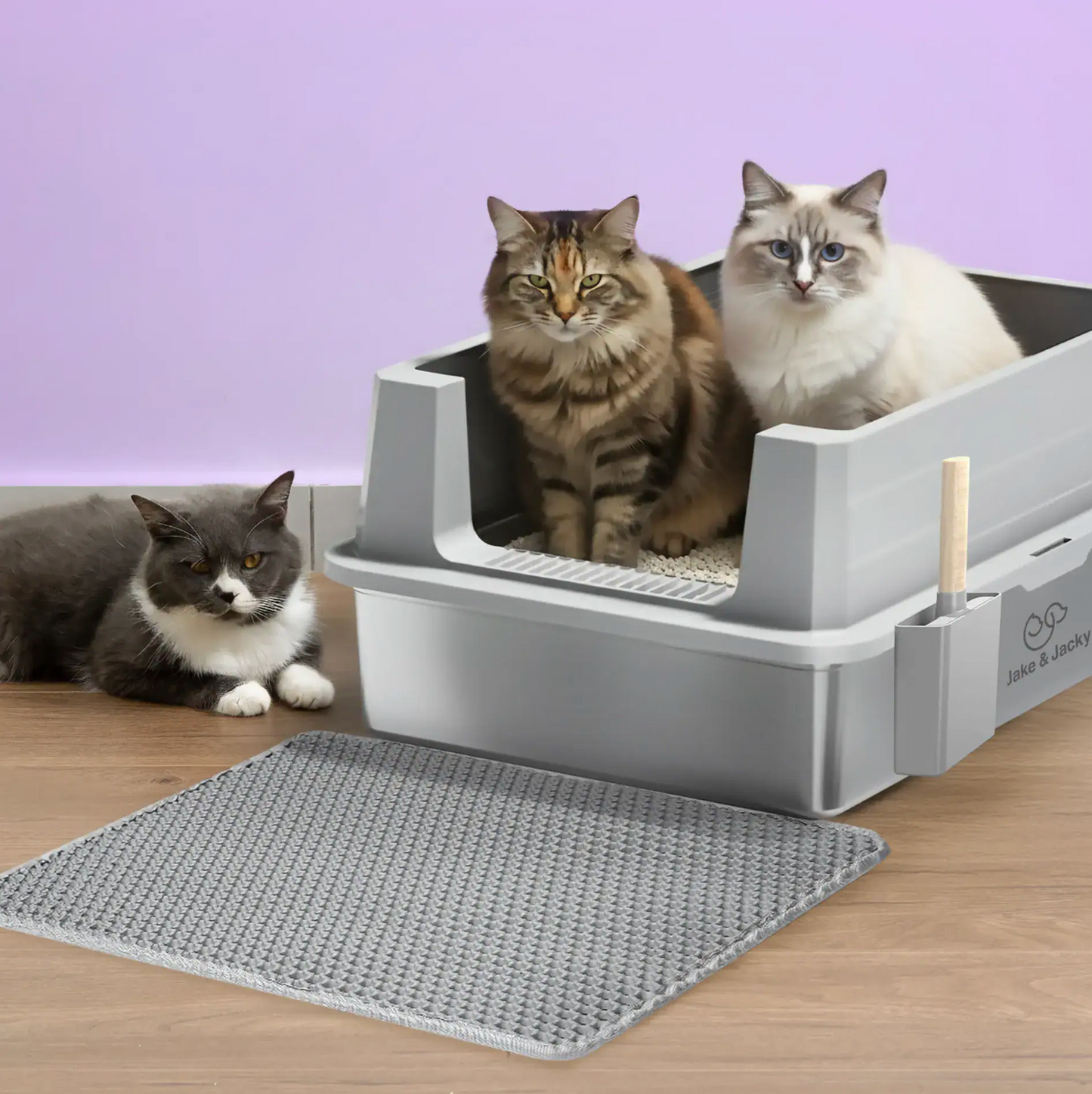 Bac à litière ouvert Jake & Jacky en acier inoxydable XXL - pour grands chats - avec pelle à litière, support et tapis de protection contre les projections
