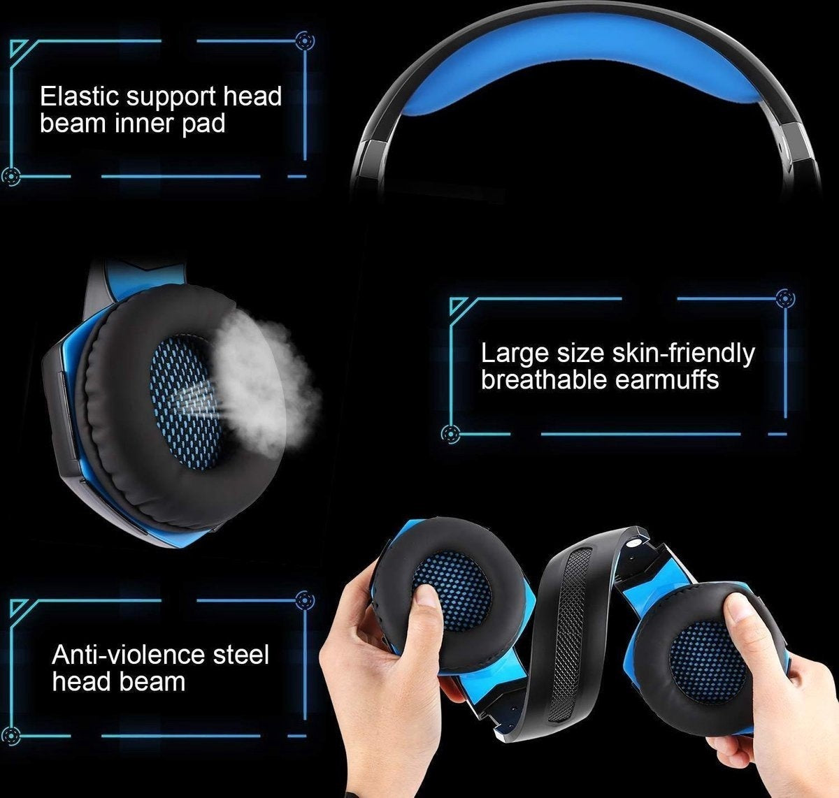 KOTION Casque de jeu EACH G2000 - Noir/Bleu - Convient pour PS5, Xbox Series X, Windows et Switch