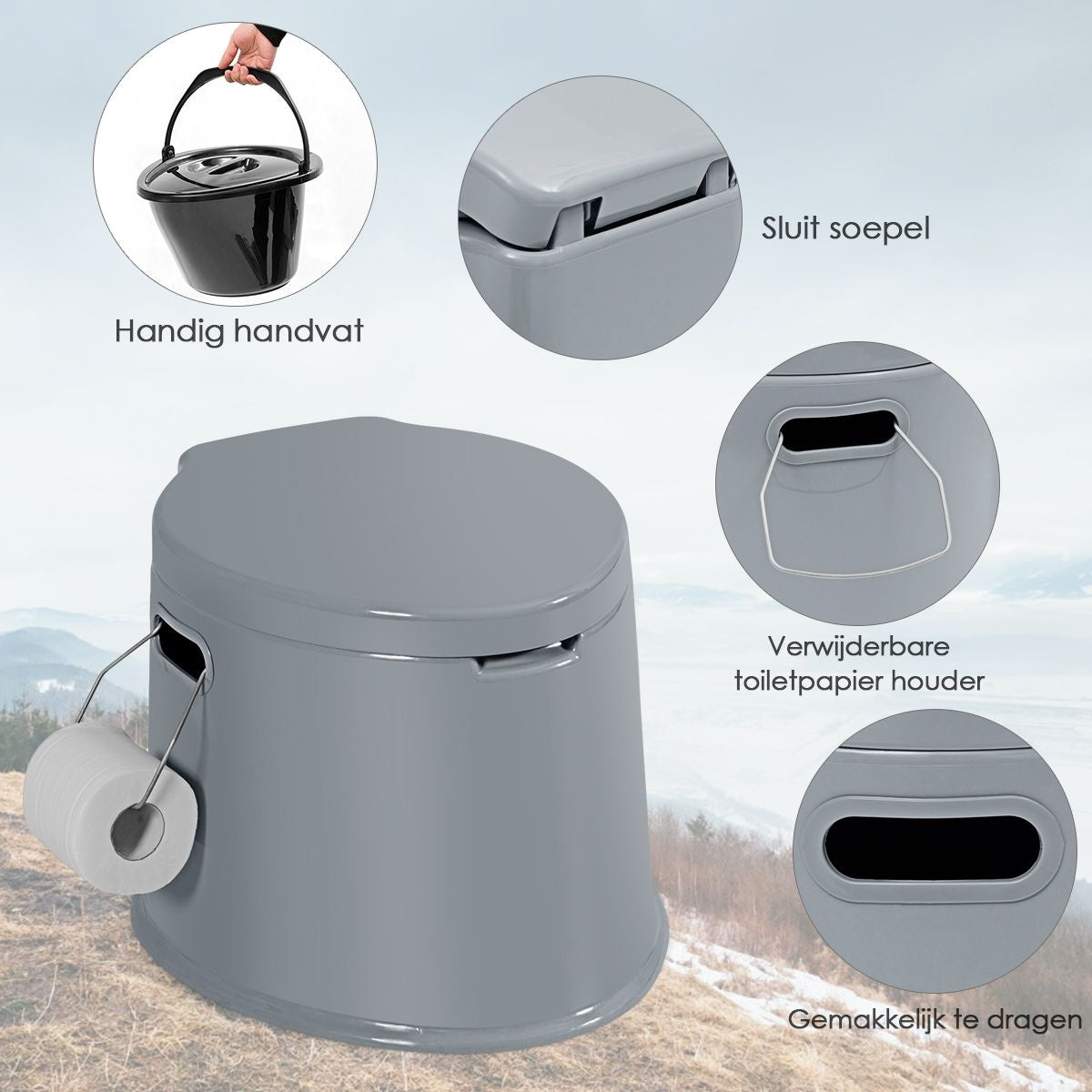 Coast Toilet Bowl portable pour le voyage - Seau intérieur amovible - Porte-papier hygiénique - 41 x 49 x 34 cm - Gris