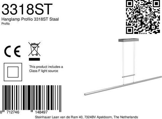 Suspension Profilo 3318ST de Steinhauer, en acier, largeur 150 cm, hauteur réglable de 110 à 170 cm, 2 100 lumens, design moderne pour une utilisation en intérieur