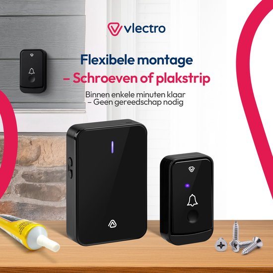 Vlectro - Sonnette sans fil avec 1 ou 2 récepteurs - Noir - Sonnette avec 2 récepteurs