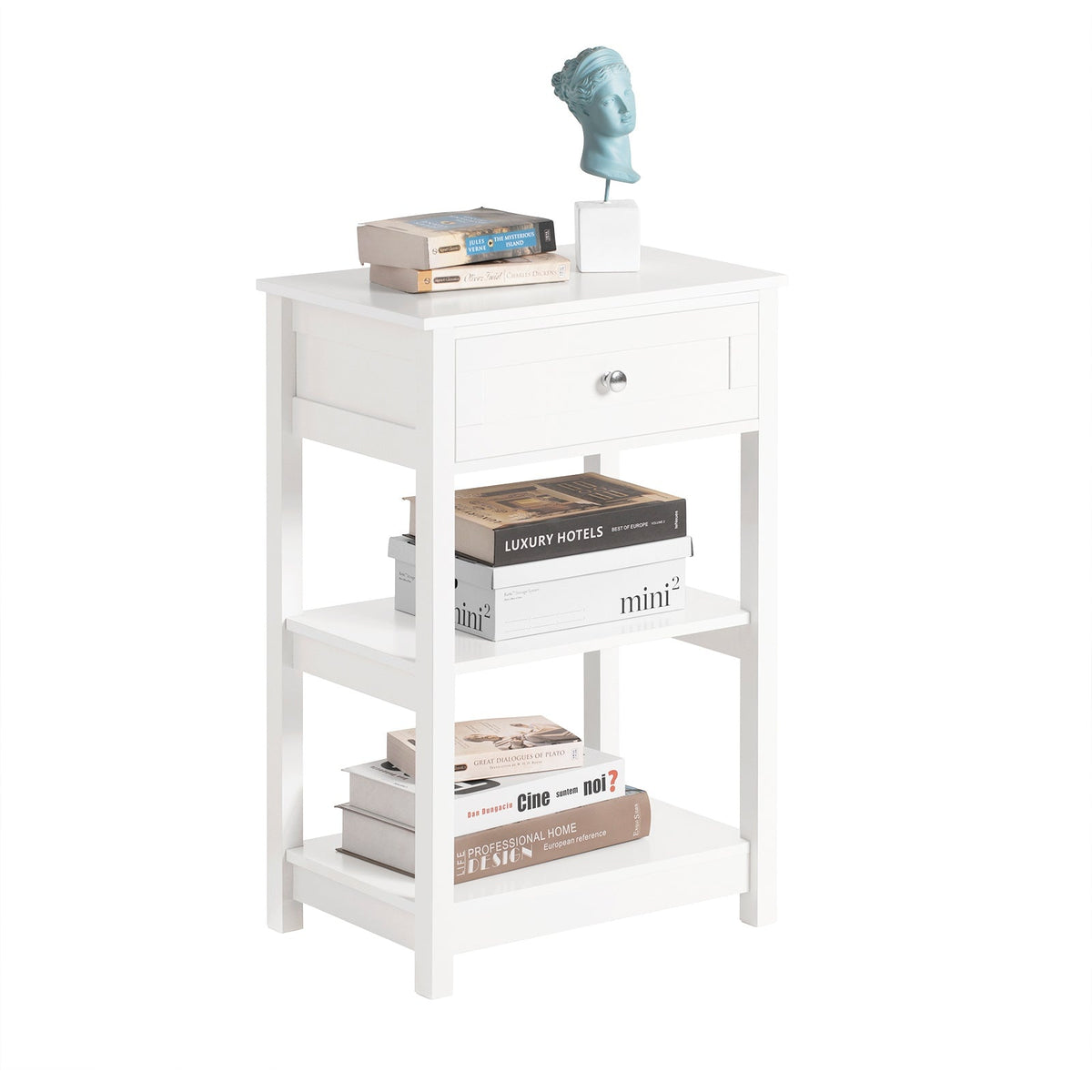 SoBuy FBT46-W Table de chevet - Blanc - 2 étagères - 1 tiroir - 45x68x30 cm