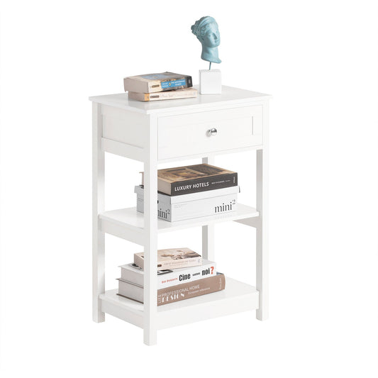 SoBuy FBT46-W Table de chevet - Blanc - 2 étagères - 1 tiroir - 45x68x30 cm