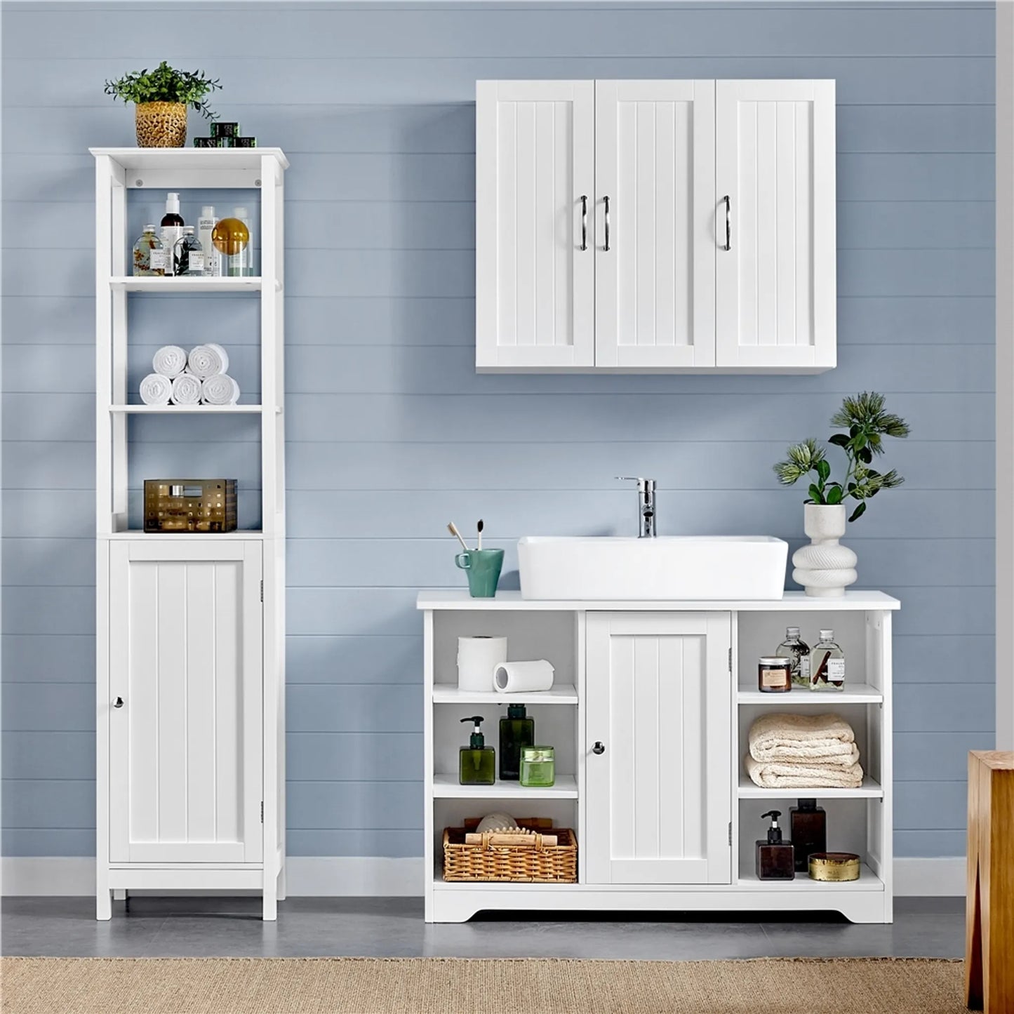 Yaheetech Meuble lavabo avec étagères réglables - équipé d'une niche pour siphon, de compartiments latéraux ouverts et d'une porte de placard - pour salle de bains et toilettes - Mdf blanc - 90 x 30 x 60 cm