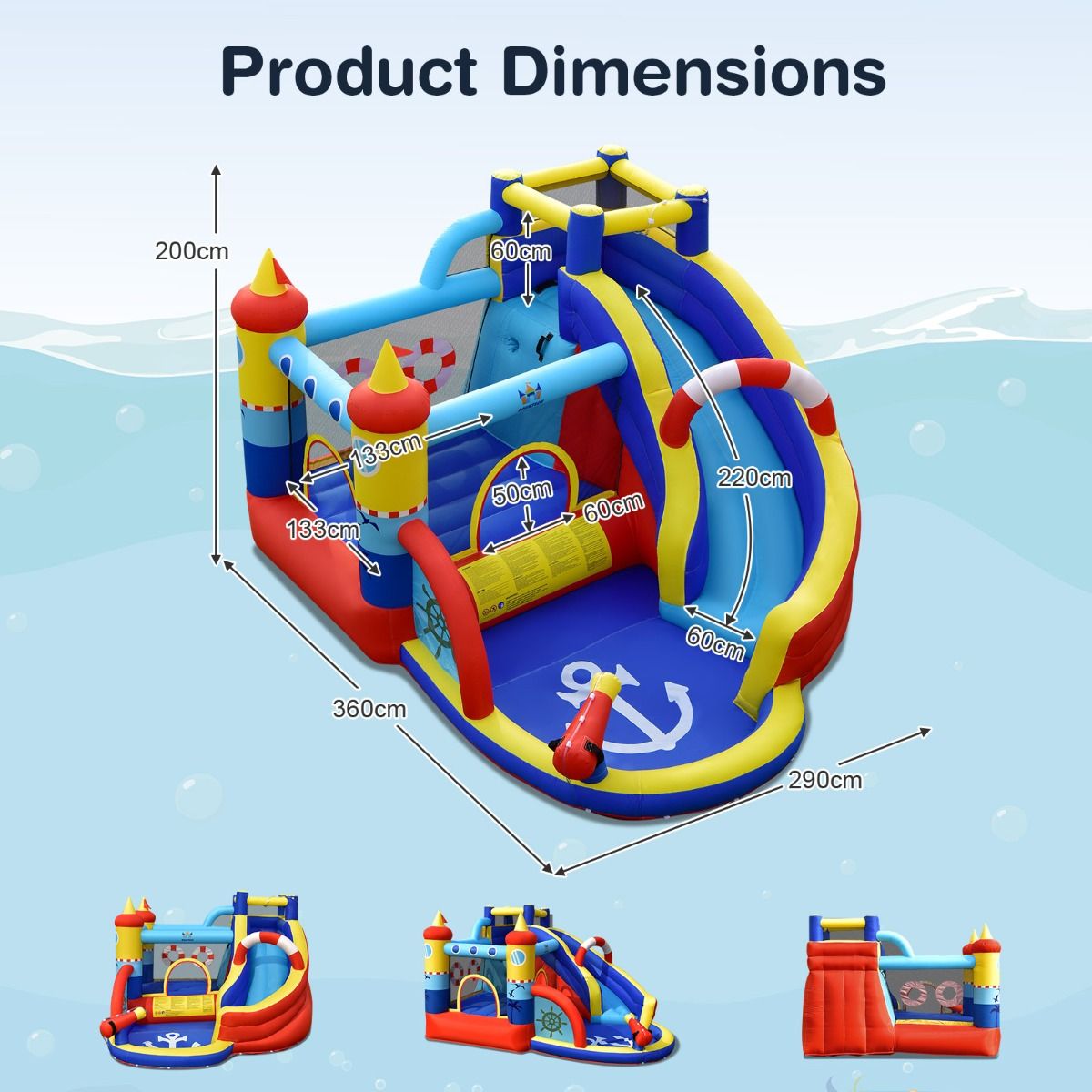 Château gonflable Coast « Bateau pirate » - Parc aquatique 5 en 1 avec toboggan et mur d'escalade - Pistolet à eau et ventilateur inclus - 360 x 290 x 200 cm