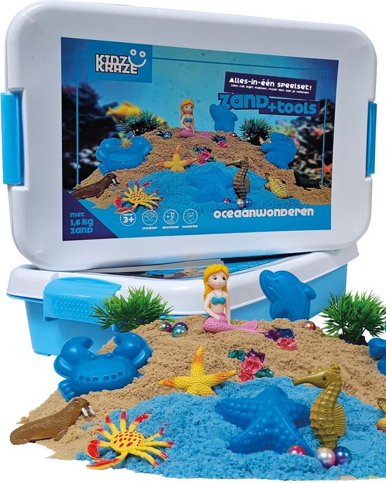 KidzKraze® Ocean Wonders Play Sand - 1,6 kg de sable collant brun et bleu pour l'intérieur - Comprend un coffret de jeu et de rangement - Jouets sensoriels - Jeu de sable pour enfants - The Big Toy Book 2025
