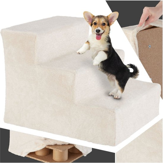 tectake® escalier pour chien ou escalier pour chat, escalier pour animaux de compagnie, aide à la pension avec housse lavable, marche extra plate, escalier pour canapé, lit ou voiture (beige, 37 x 45 x 34,5 cm, 3)