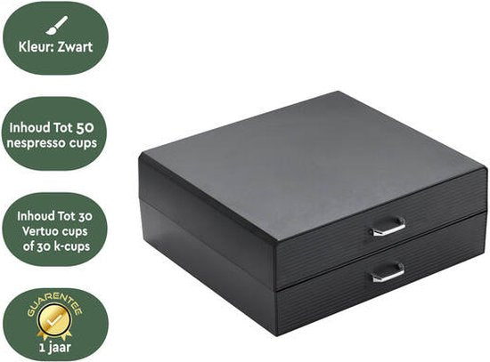 BRASQ Porte-capsules pour tasses Nespresso - pour tasses Dolce Gusto - Jusqu'à 50 tasses - Porte-tasses à café Noir - Boîte de rangement à 2 tiroirs - Vertuo - K-cup