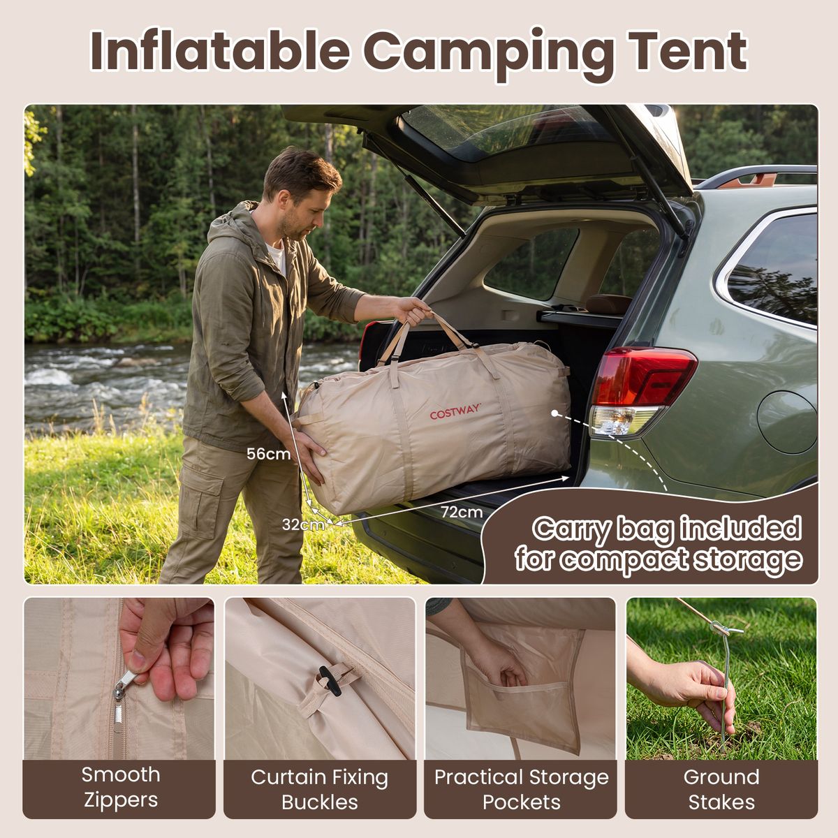 Tente de camping gonflable Coast - 4 personnes - 2 portes et lucarne - kaki - 295 x 205 x 200 cm