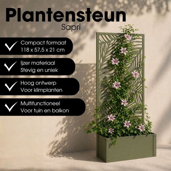 Mica Decorations Sapri Support pour plantes - Jardinière avec treillis pour plantes grimpantes - Support pour plantes autonome ou à fixer au mur - 57,5 x 21 x 118 cm - Vert